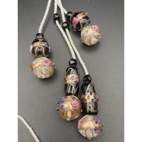 Handmade Lampwork Glass Bead Tassel Necklace Murano Style Black Gold Rose Beads - Picture 4 of 8